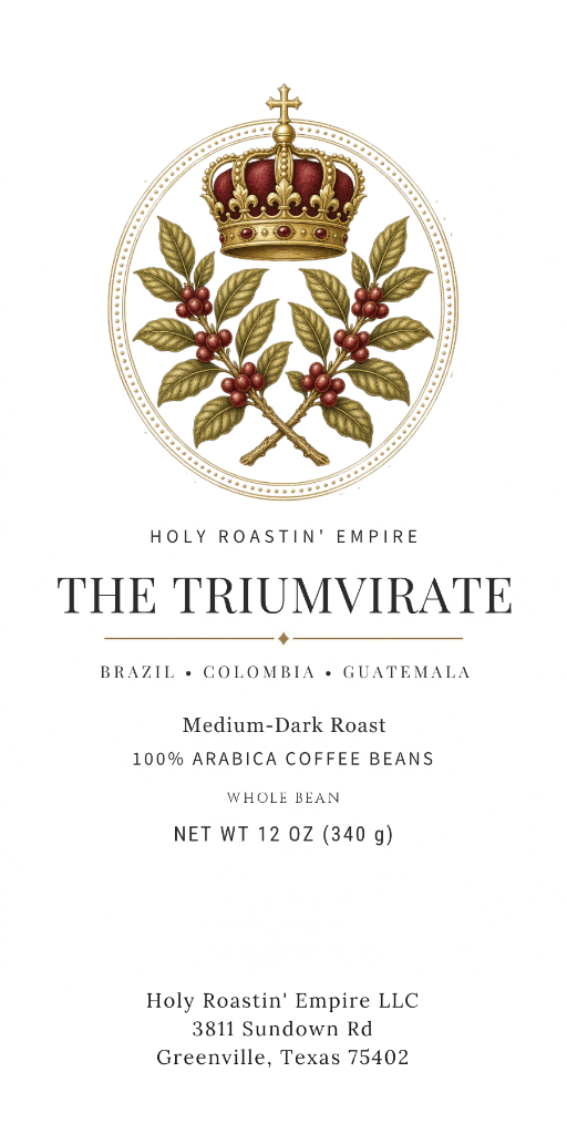 The Triumvirate 12oz Medium-Dark roast specialty coffee bean bag - Brazil • Colombia • Guatemala